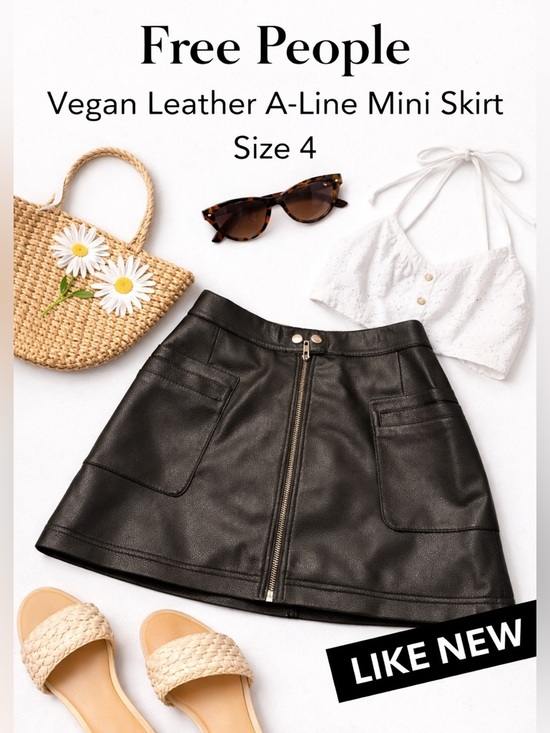Free People Dresses & Skirts - Free People Black Vegan Leather A-Line Mini Skirt with Front Zip Size 4 EUC